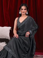 Chinon Solid Saree with Embroidered Lace Border
