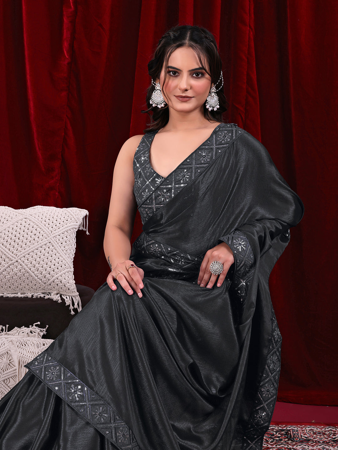 Chinon Solid Saree with Embroidered Lace Border