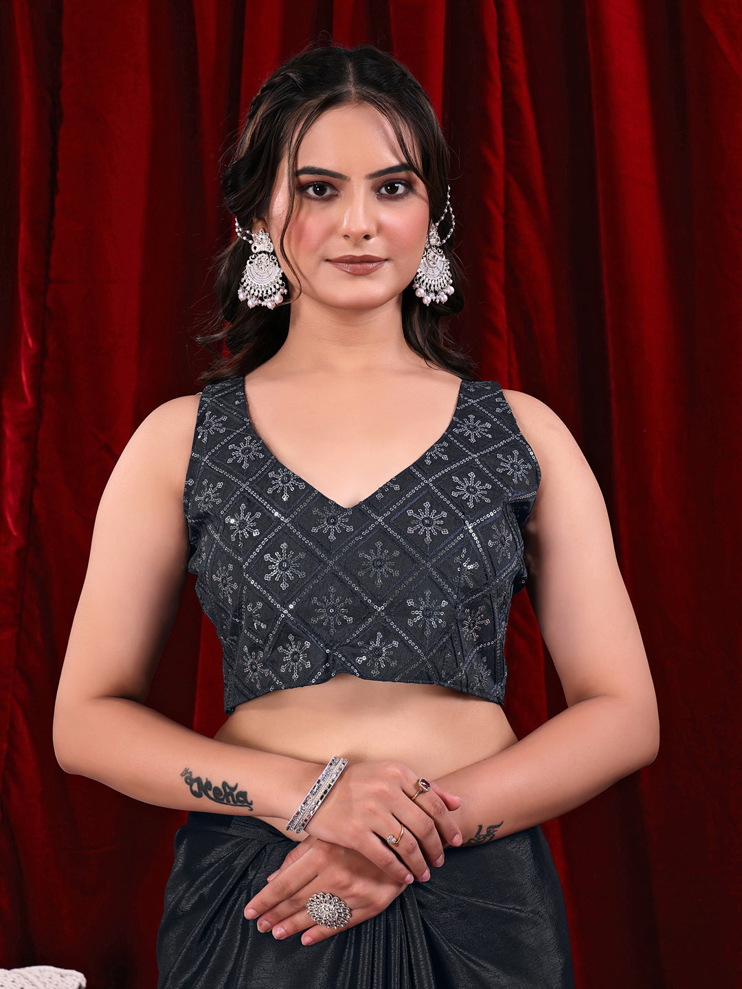Chinon Solid Saree with Embroidered Lace Border