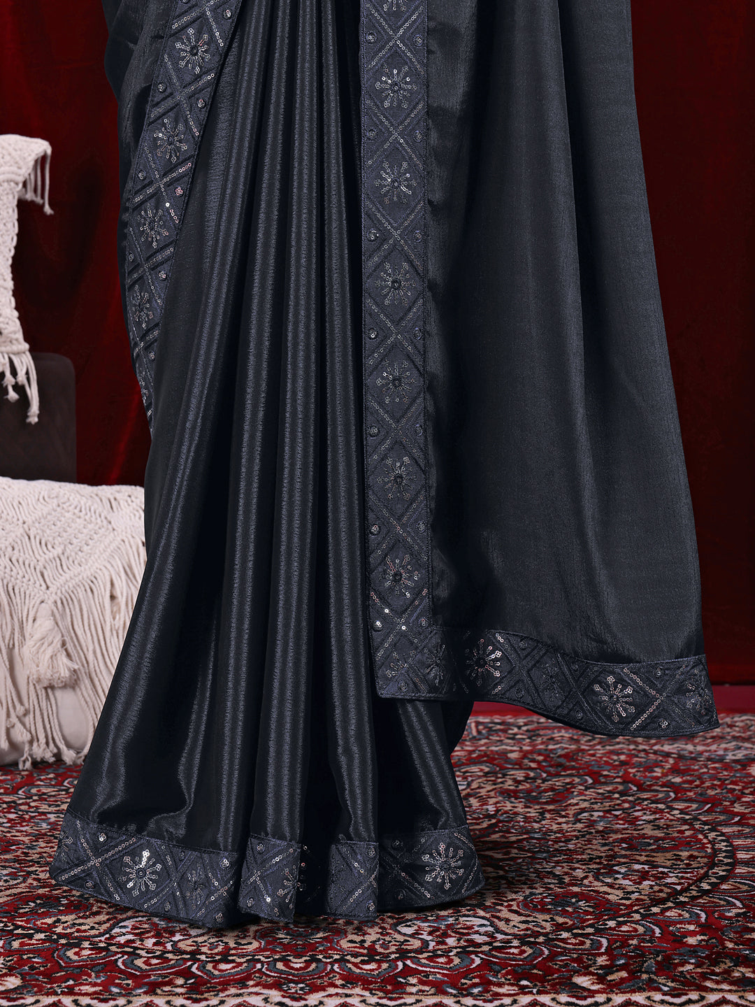 Chinon Solid Saree with Embroidered Lace Border