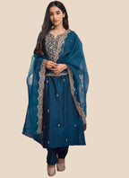 Rayon Embroidered Kurta Set in Teal Blue for Women