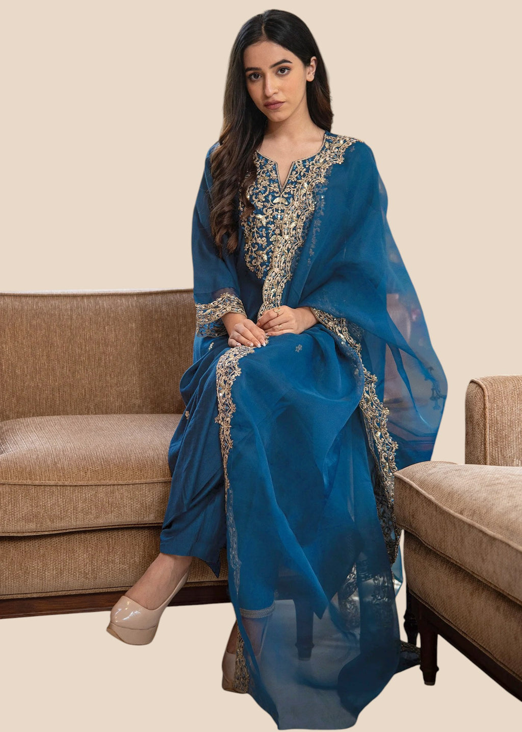 Rayon Embroidered Kurta Set in Teal Blue for Women