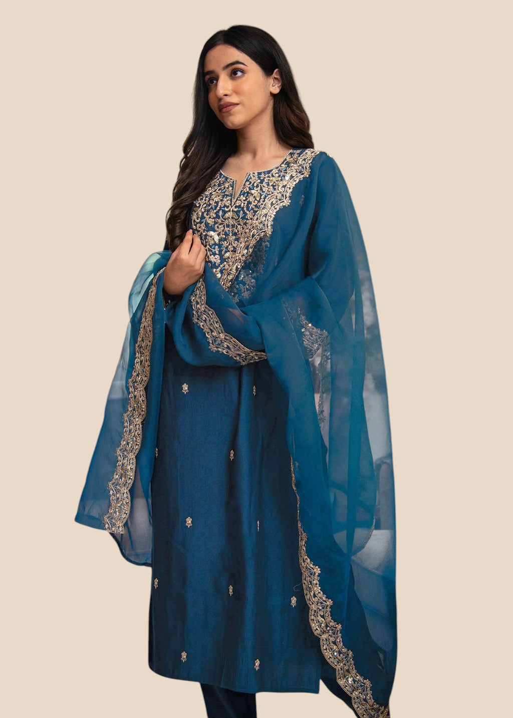 Rayon Embroidered Kurta Set in Teal Blue for Women