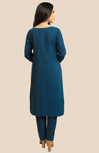 Rayon Embroidered Kurta Set in Teal Blue for Women