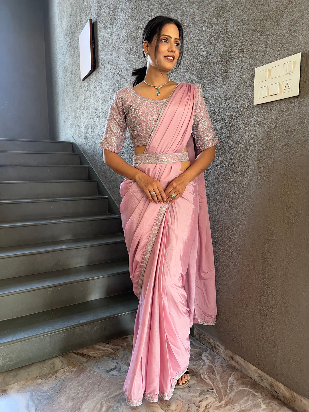 Ready To Wear Chinnon Embroidery Work Saree With Stitched Blouse