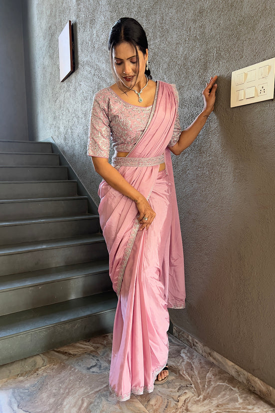 Ready To Wear Chinon Embroidery Work Saree With Stitched Blouse