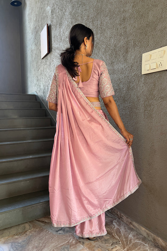 Ready To Wear Chinon Embroidery Work Saree With Stitched Blouse