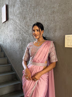 Ready To Wear Chinnon Embroidery Work Saree With Stitched Blouse