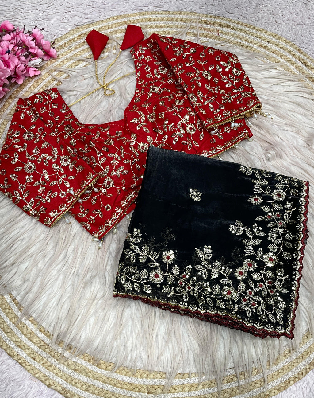 Fendy Satin Embroidered Saree With Stitched Blouse