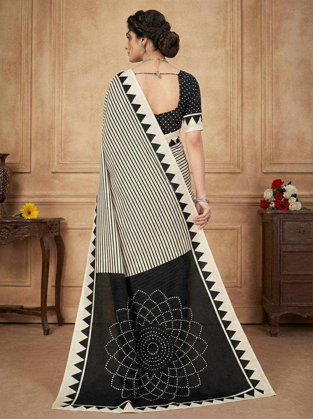 Crepe Silk Geometric Stripes & Traditional Bandhani Print Saree