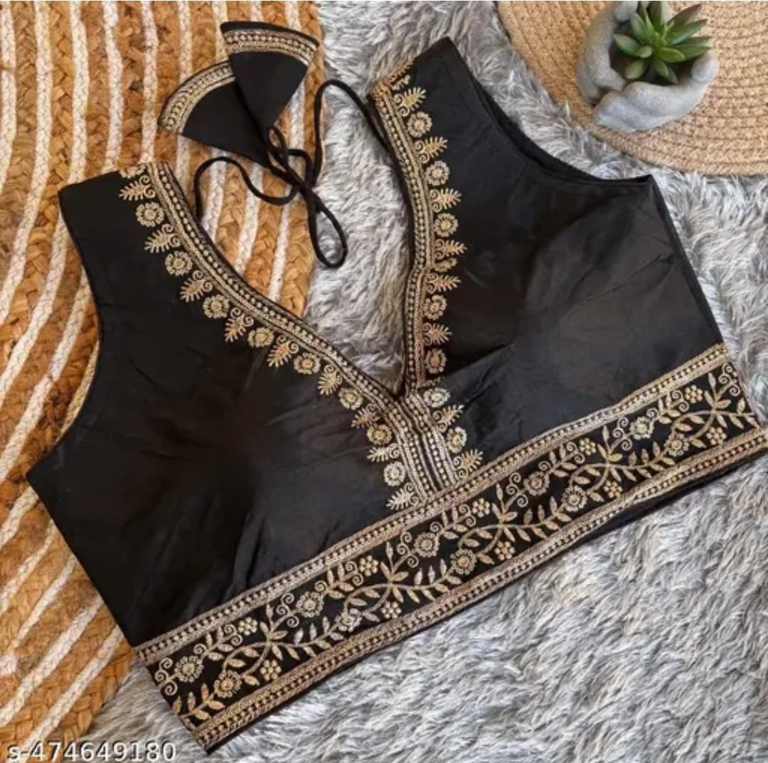 Vichitra Silk Sequin Embroidered Blouse with V-Neck & Tussels