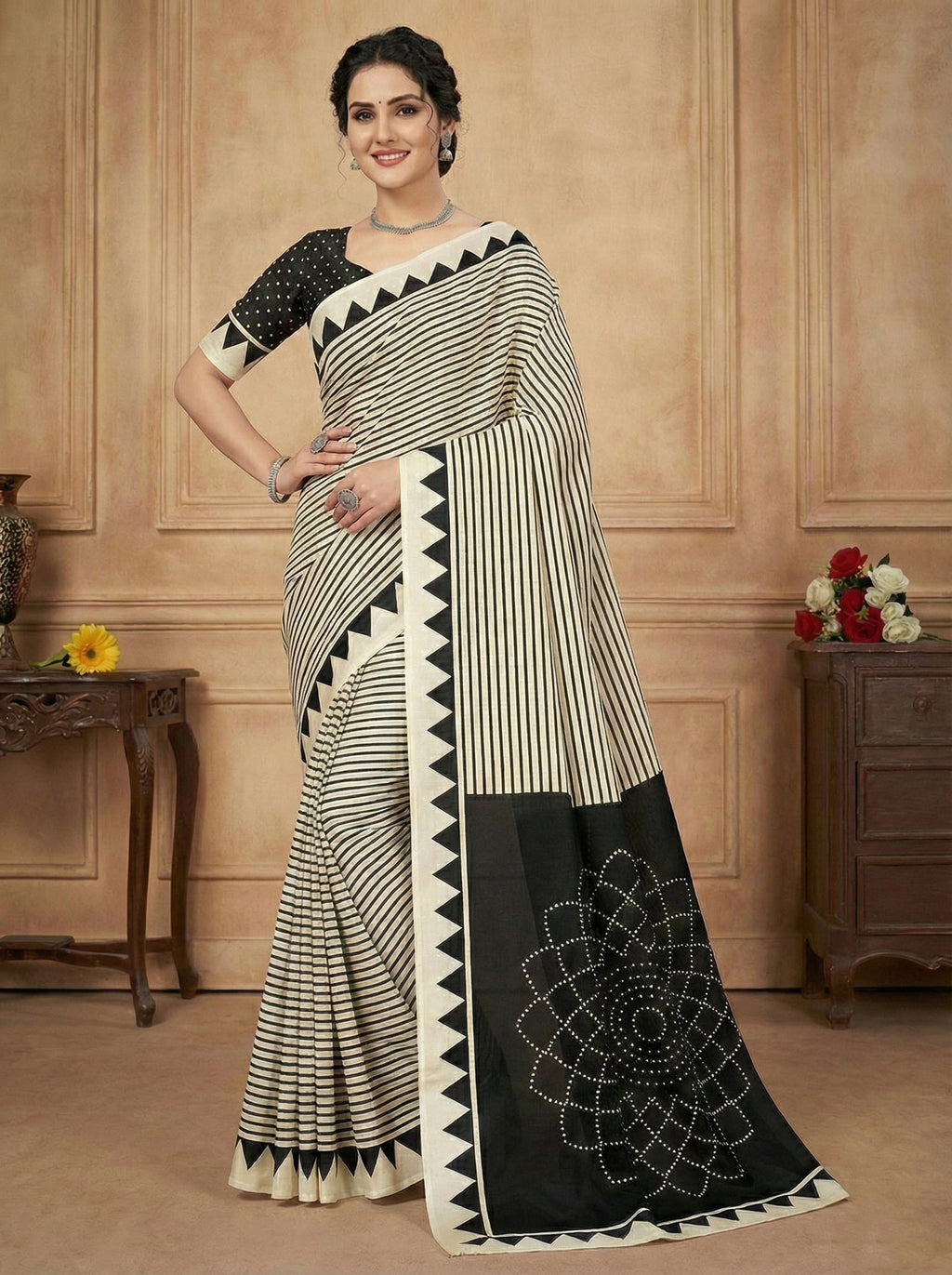 Crepe Silk Geometric Stripes & Traditional Bandhani Print Saree
