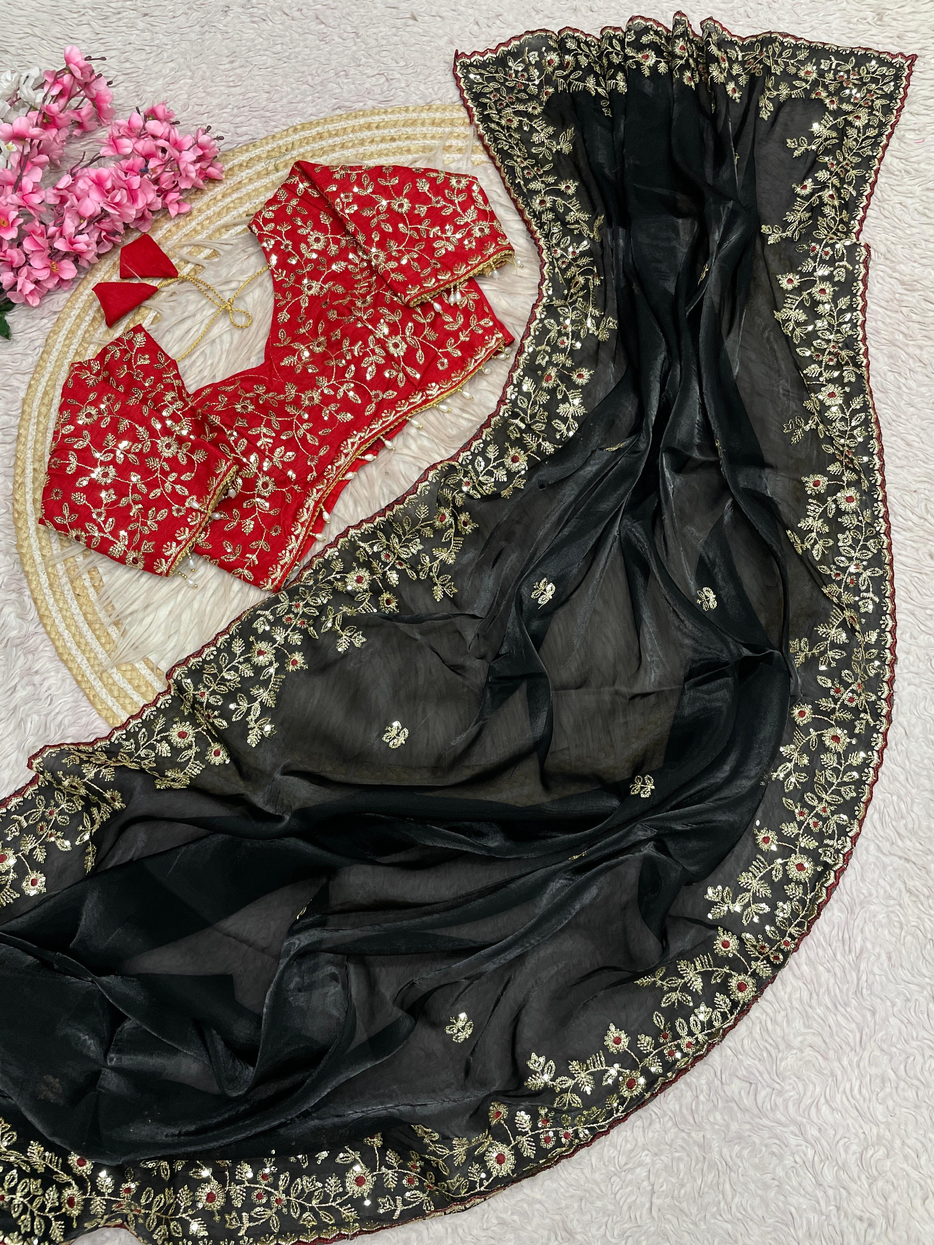 Fendy Satin Embroidered Saree With Stitched Blouse