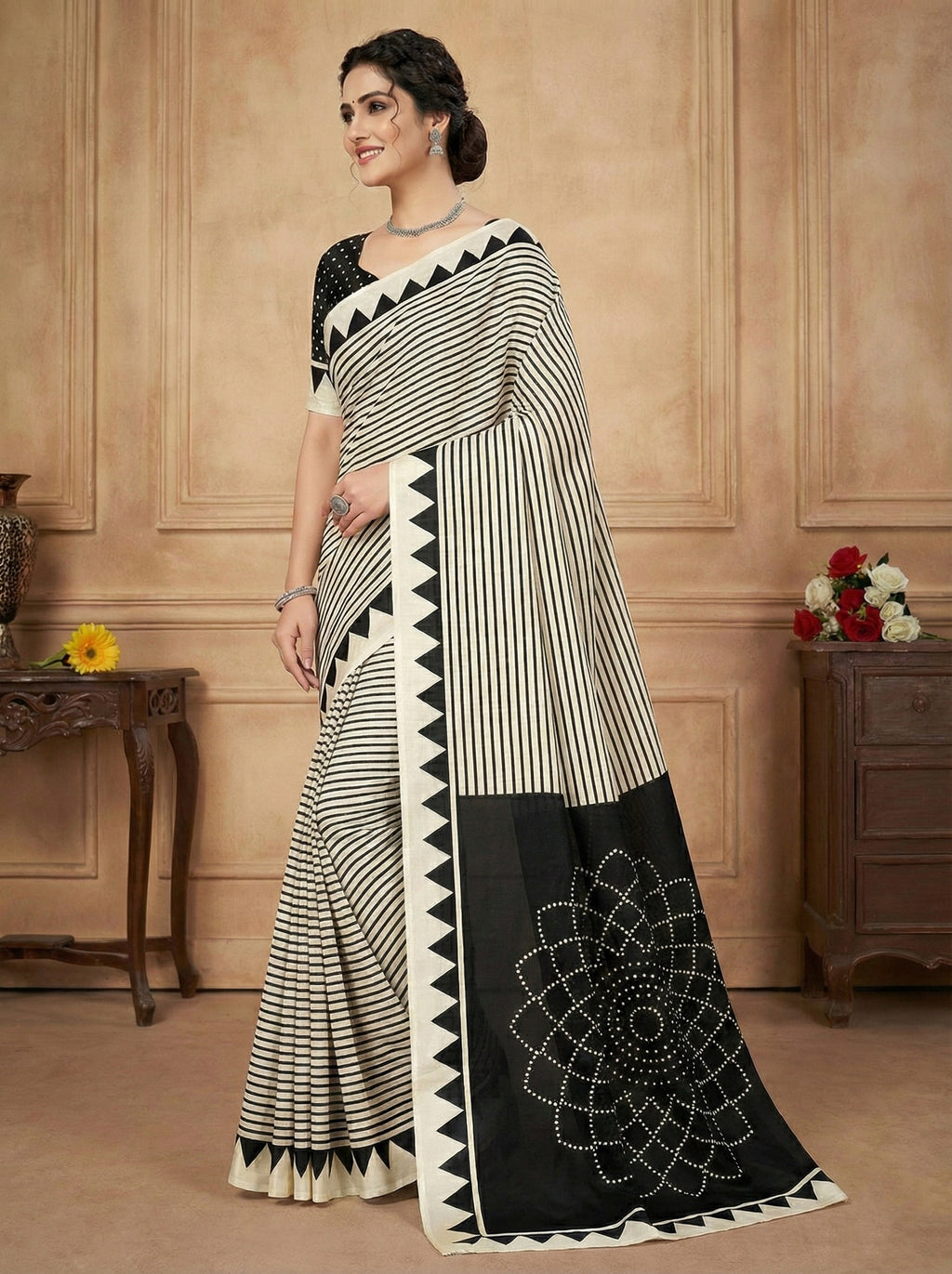Crepe Silk Geometric Stripes & Traditional Bandhani Print Saree