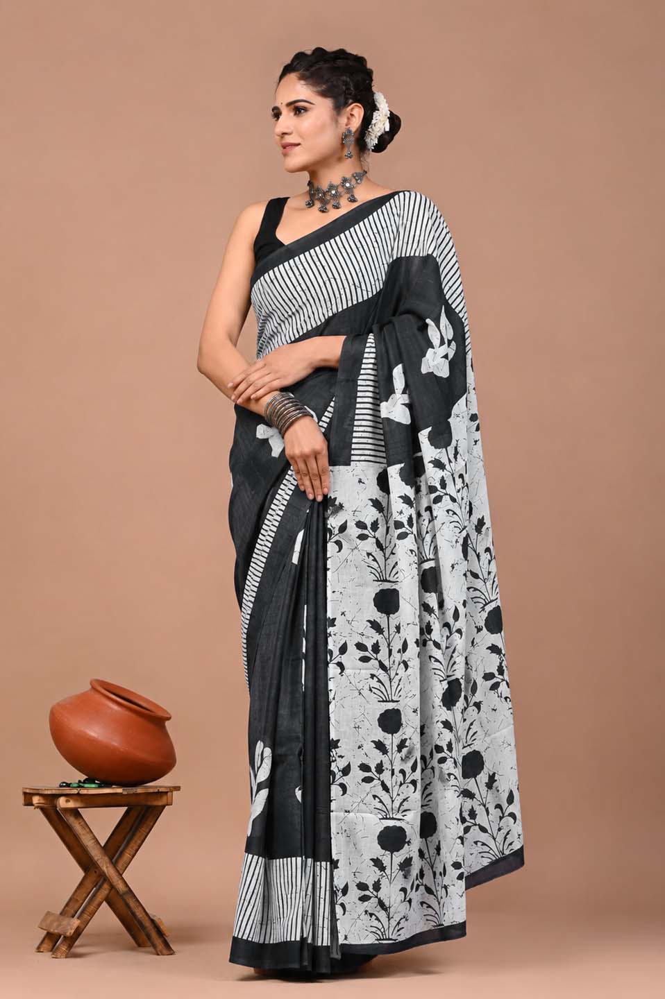 Ready to Wear Jaipuri Mul Cotton Saree for Women | Ikat Batik Printed Pre-Draped Saree