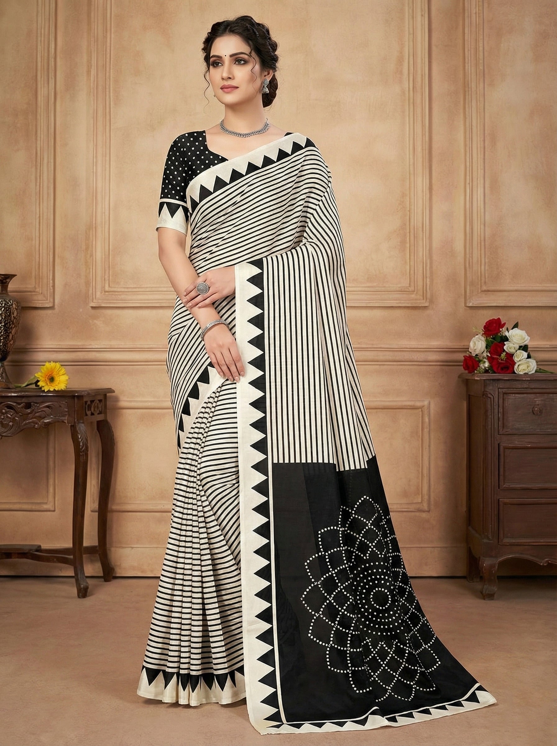 Crepe Silk Geometric Stripes & Traditional Bandhani Print Saree