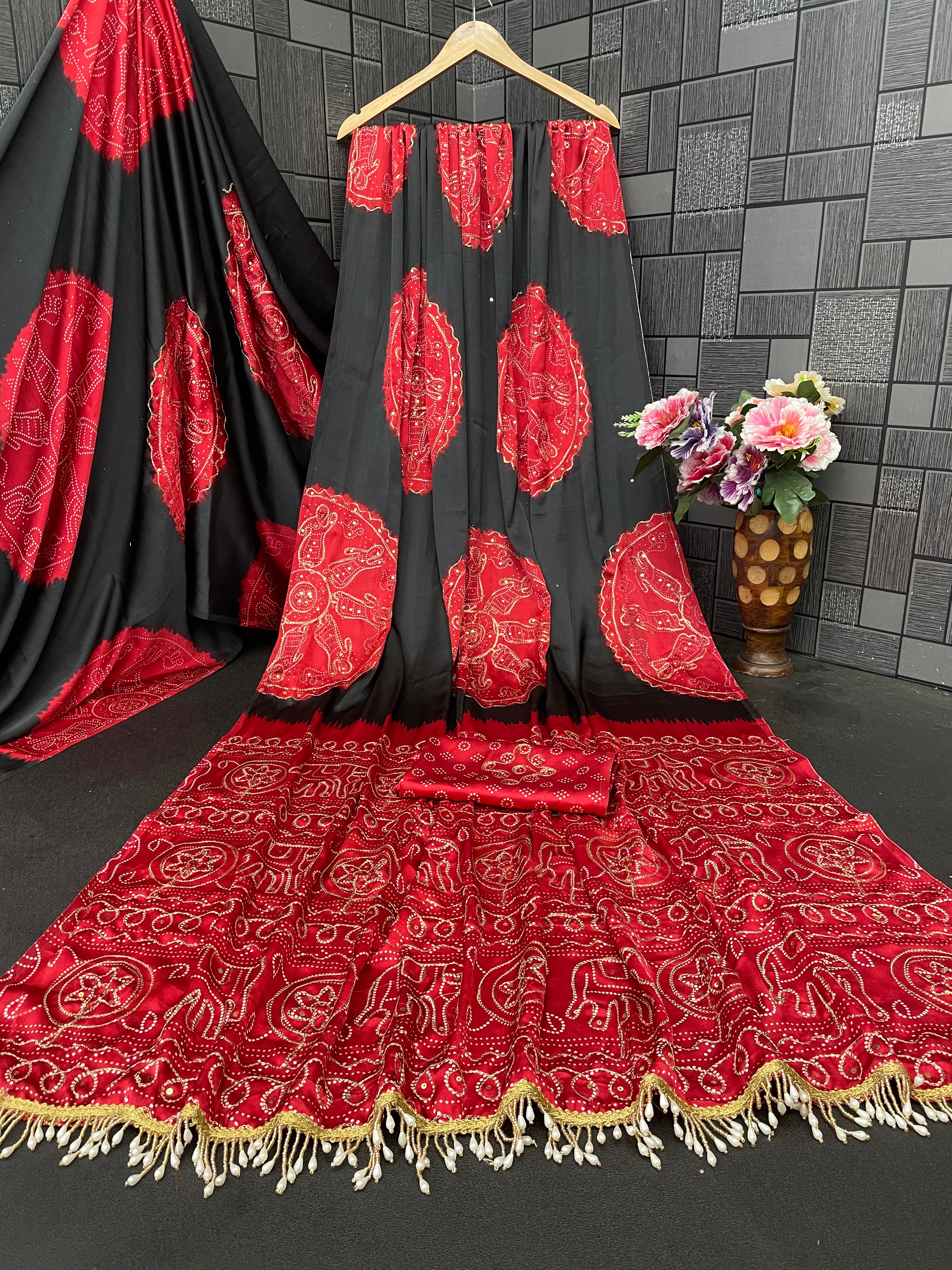 Satin Silk Saree with Bandhani Style Circular Motifs & Tassel Border