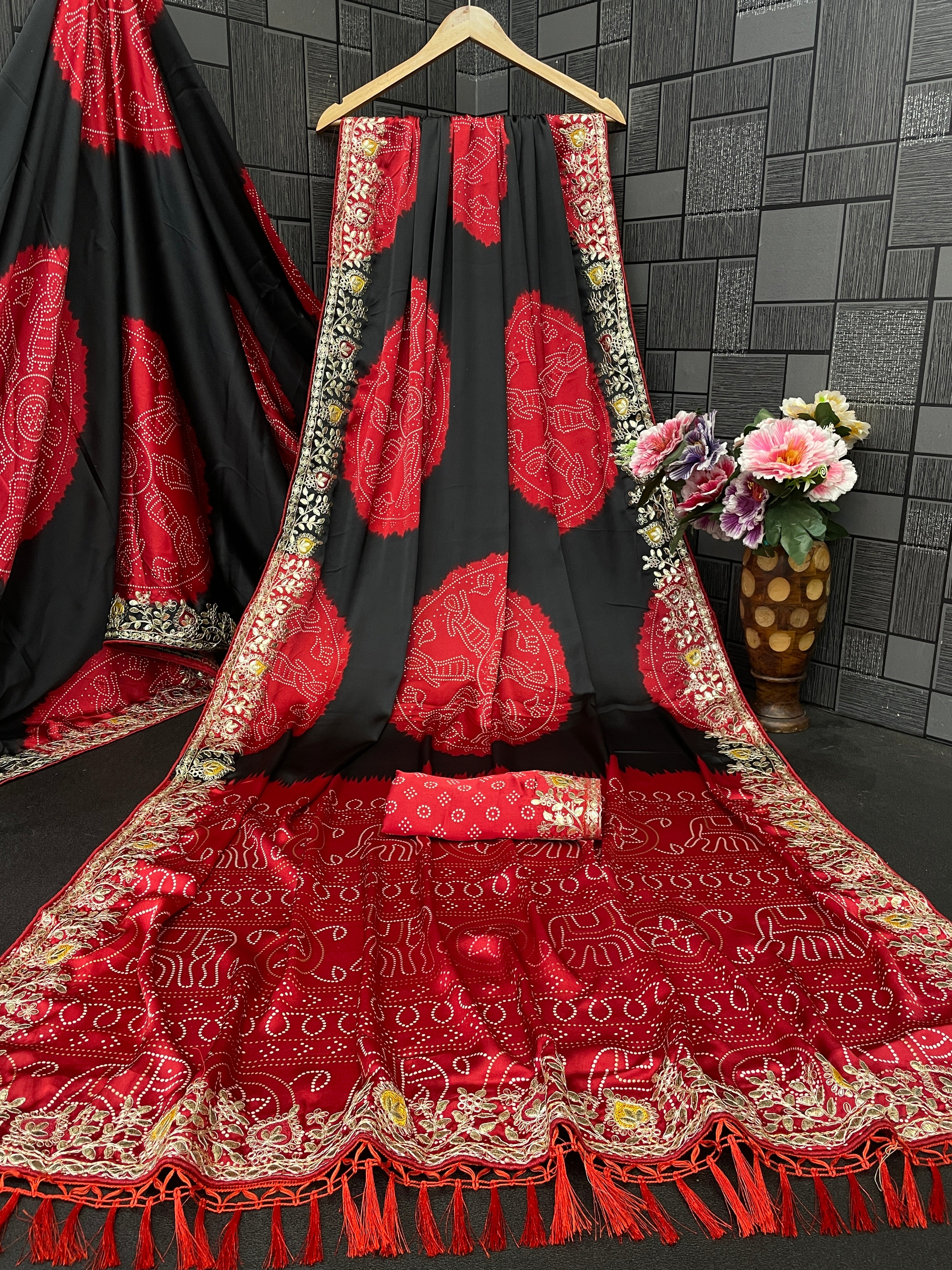 Satin Silk Bandhani Print Saree with Embroidered Border