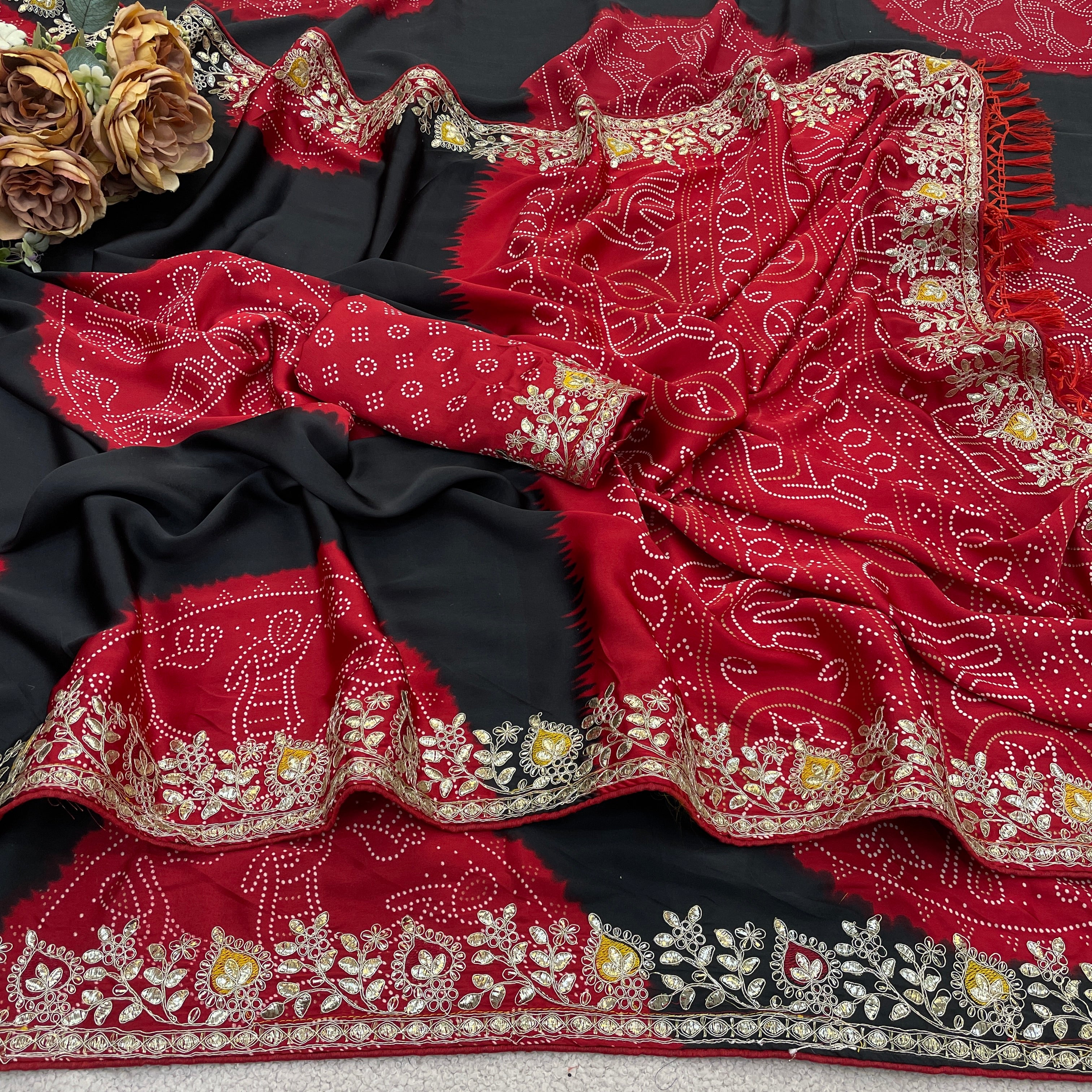 Indian Special Bandhani Motif Saree in Smooth Satin Silk with Tassel Pallu