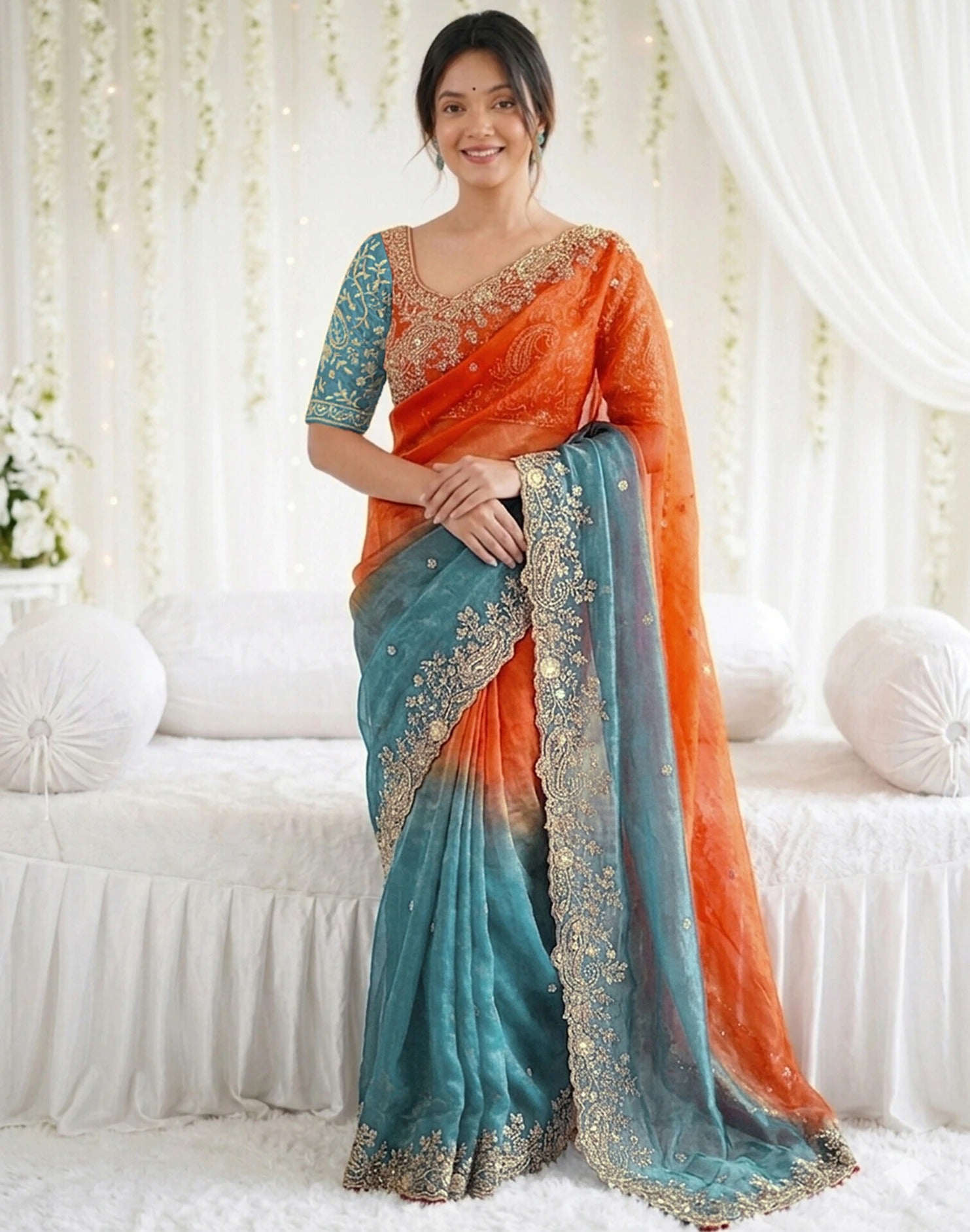 Fendy Satin Embroidered Saree With Stitched Blouse