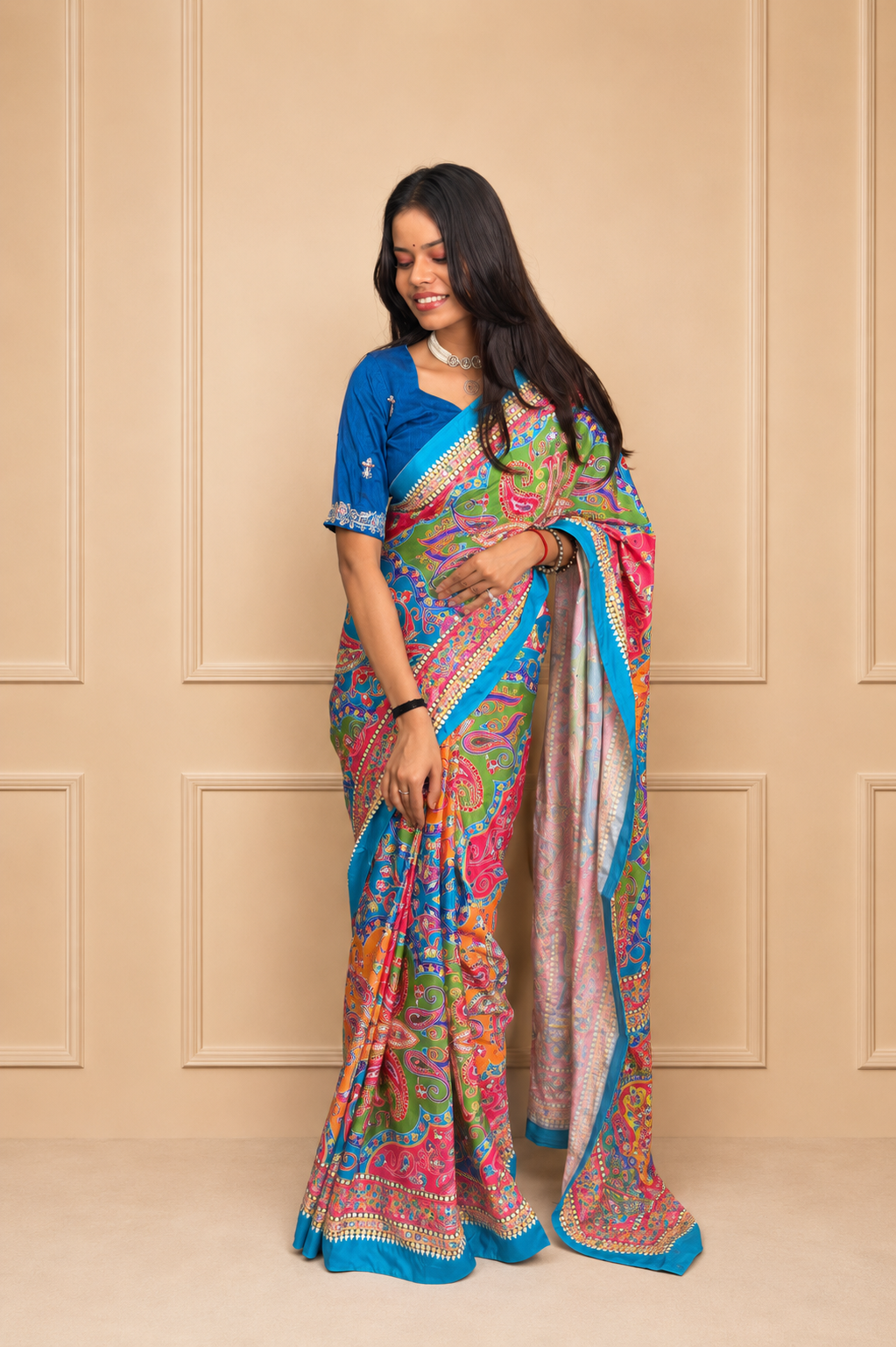 Silk Crepe Digital Printed Designer Saree with Aari Mirror Embroidery