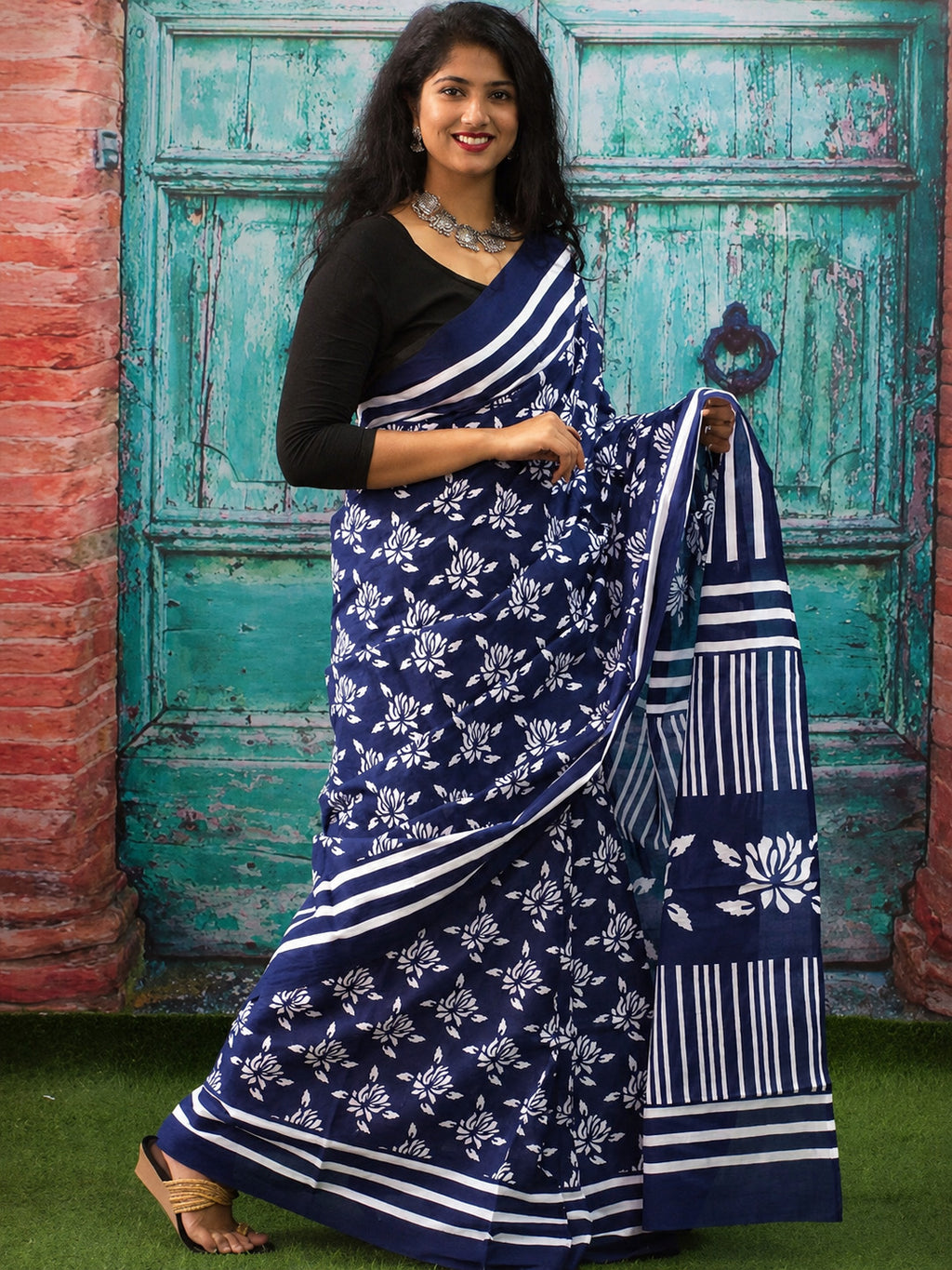 Jaipuri Mul Cotton Ready to Wear Saree for Women | Batik Floral Printed Pre-Draped Pre-Pleated Cotton Saree | Adjustable Waist 26–50 Inch