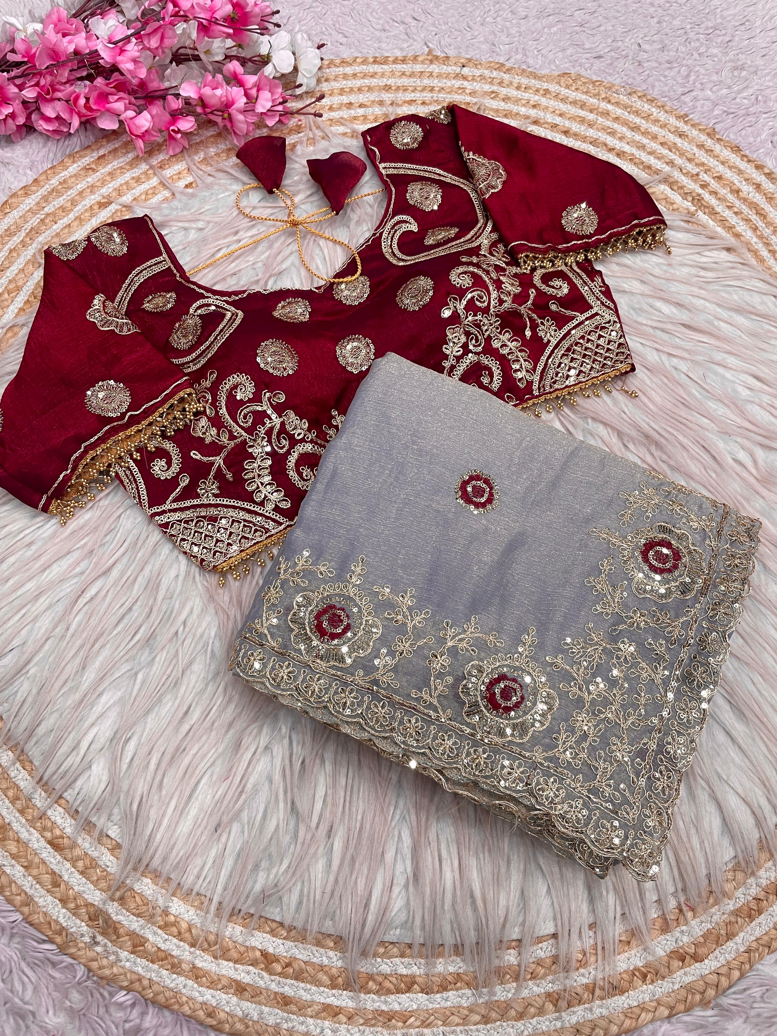 Fendy Chiffon Embroidered Saree with Sequins Work and Stitched Blouse