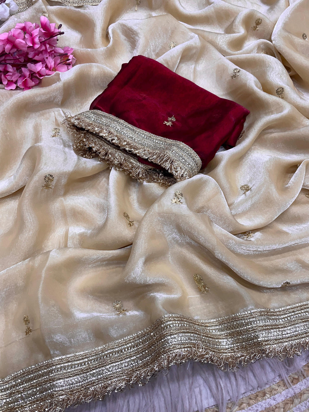 Fandy Satin Saree with Sequin Butti Work and Lace Border