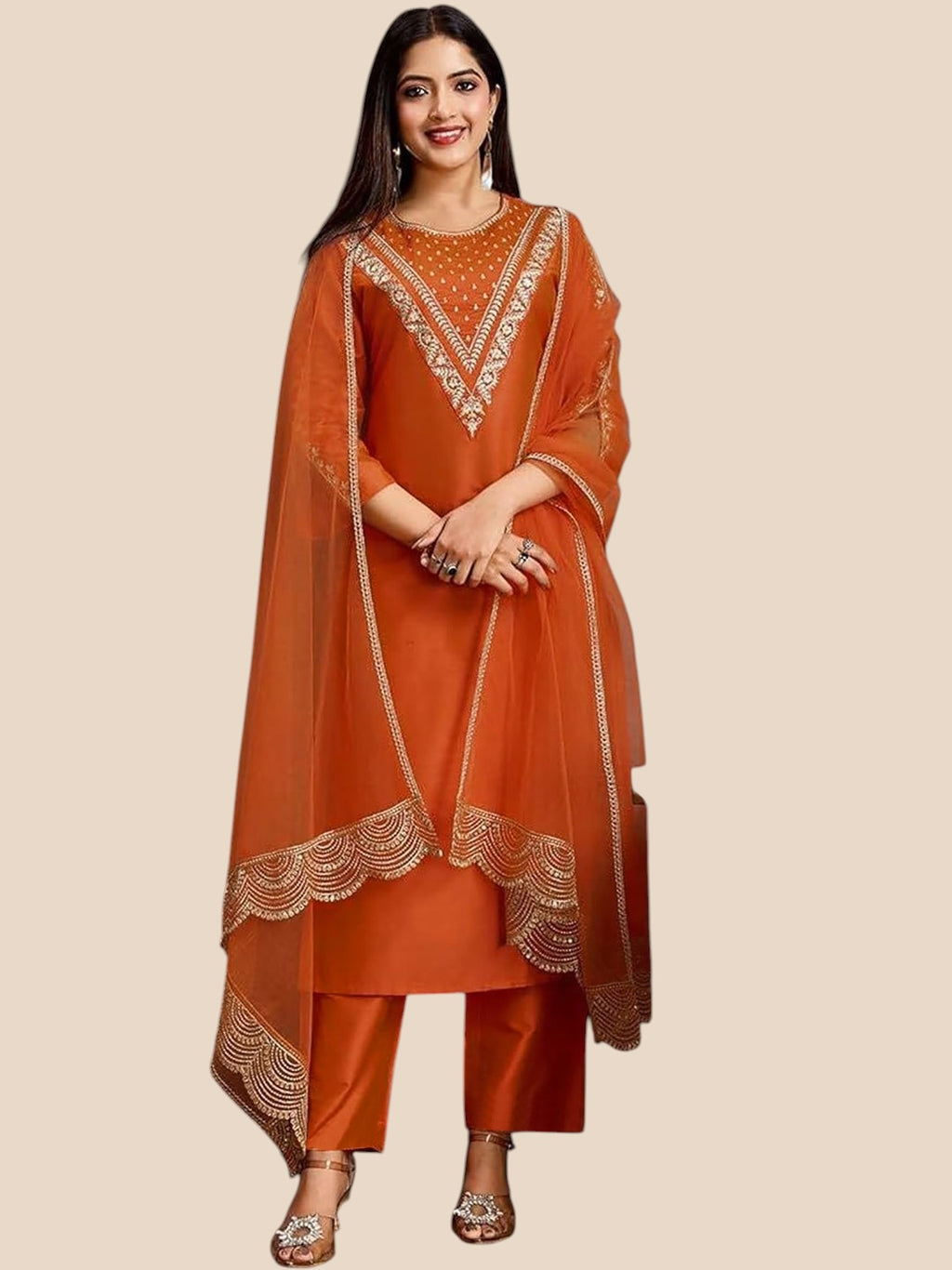 Rust Orange Silk Blend Embroidered Kurta Sets