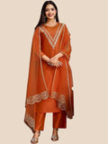 Rust Orange Silk Blend Embroidered Kurta Sets - Pionex Fab