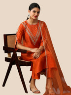 Rust Orange Silk Blend Embroidered Kurta Sets