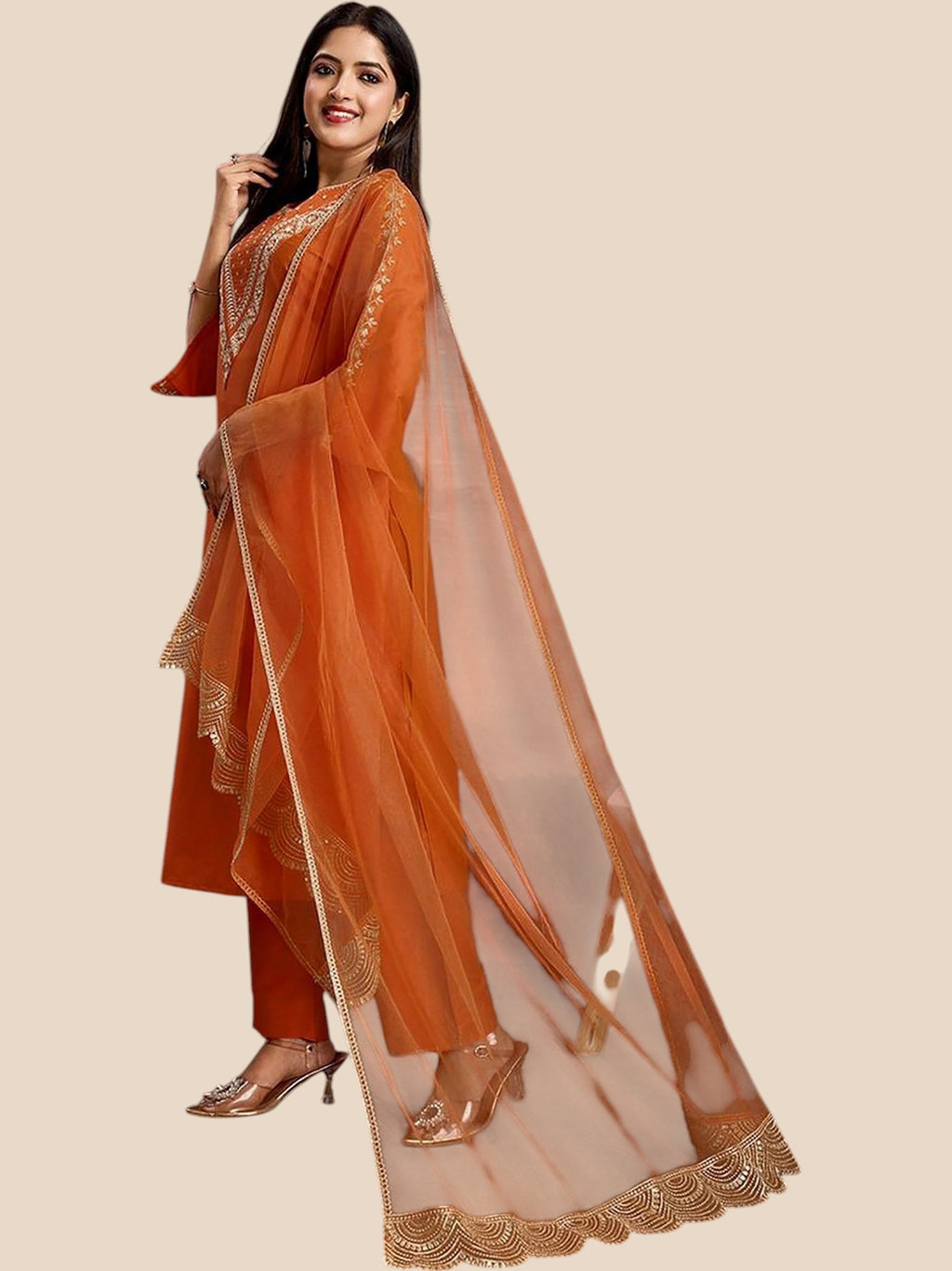 Rust Orange Silk Blend Embroidered Kurta Sets