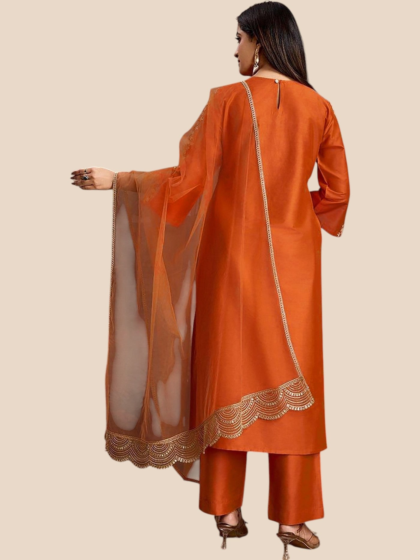 Rust Orange Silk Blend Embroidered Kurta Sets