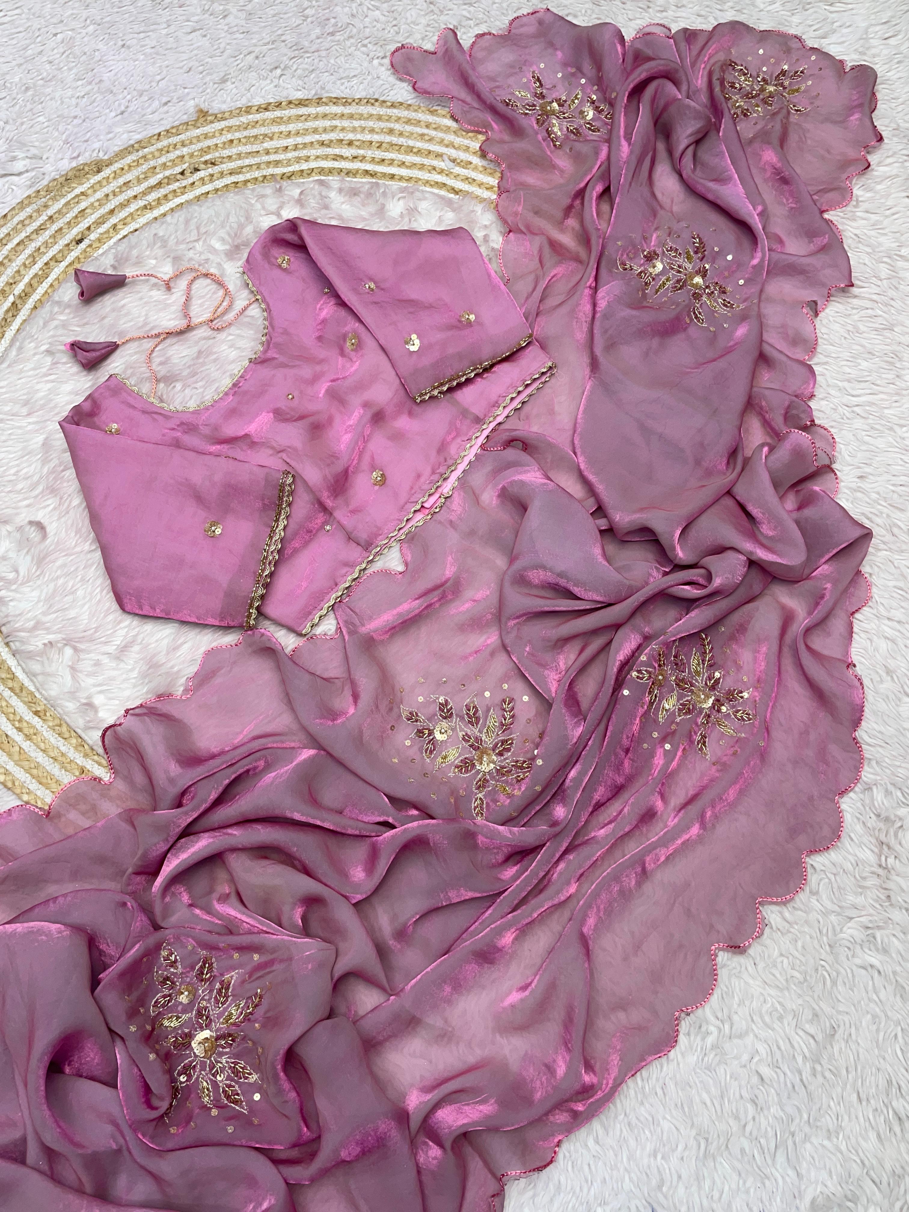 Fandy Satin Khatli Handwork Saree With Stiched Blouse