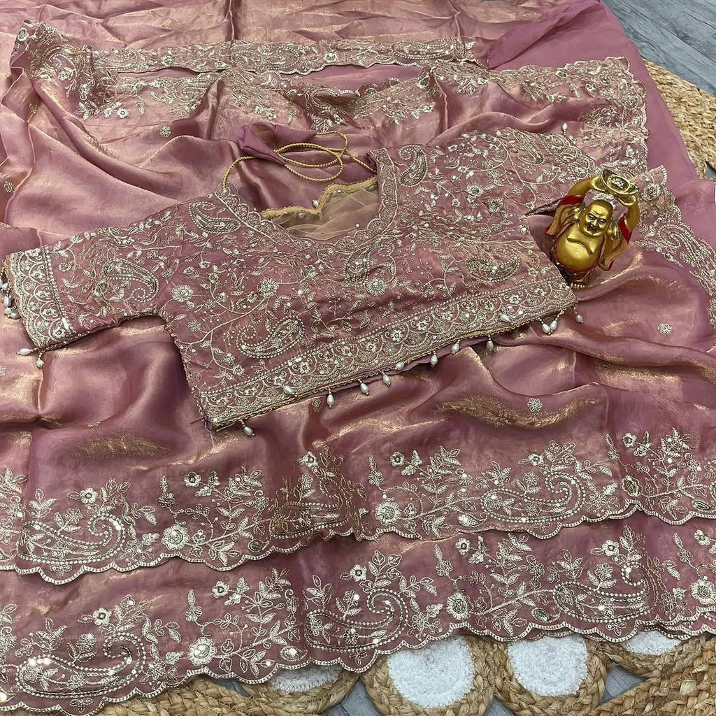 Fendy Satin Embroidered Saree With Stitched Blouse