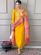 Roman Silk  Embroidered Kurta With Pant Dupatta Set