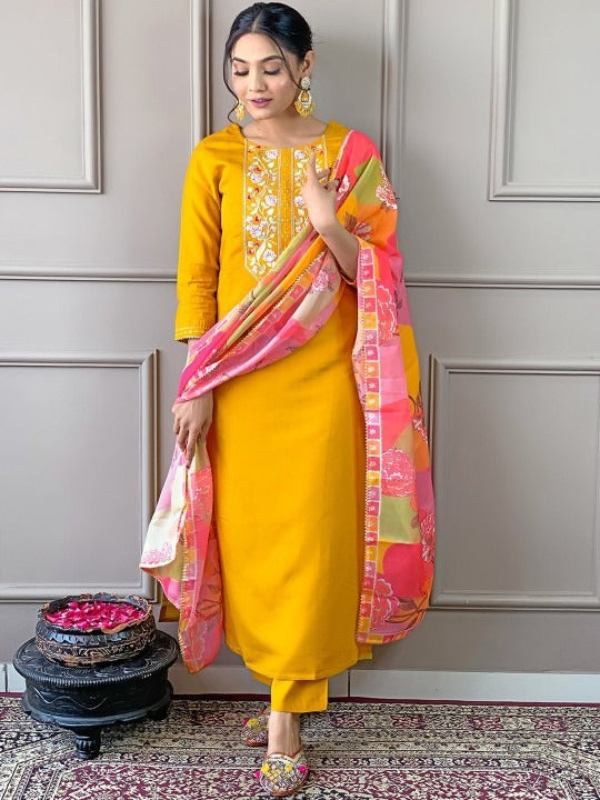 Roman Silk  Embroidered Kurta With Pant Dupatta Set