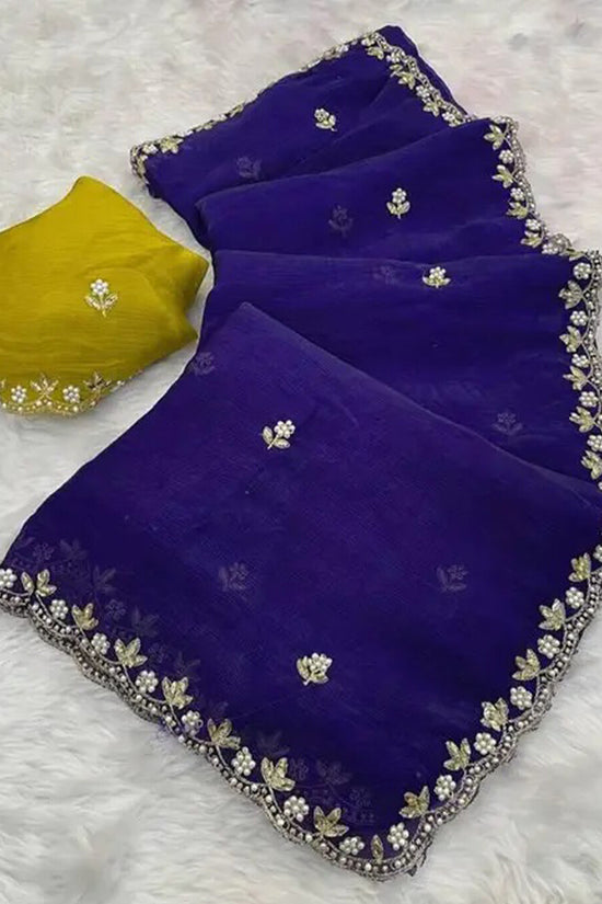 Silk Chinon Saree with Embroidery, Thread & Moti Work