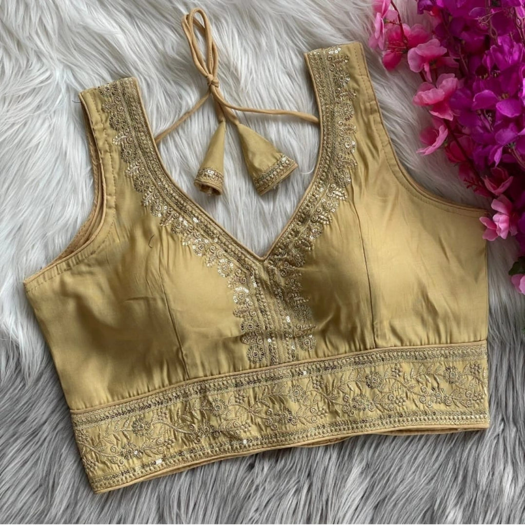 Vichitra Silk Sequin Embroidered Blouse with V-Neck & Tussels