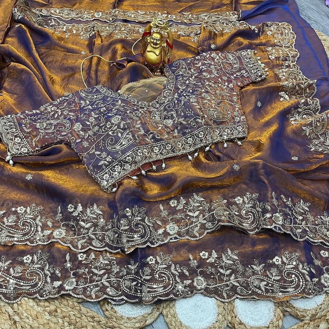 Fendy Satin Embroidered Saree With Stitched Blouse