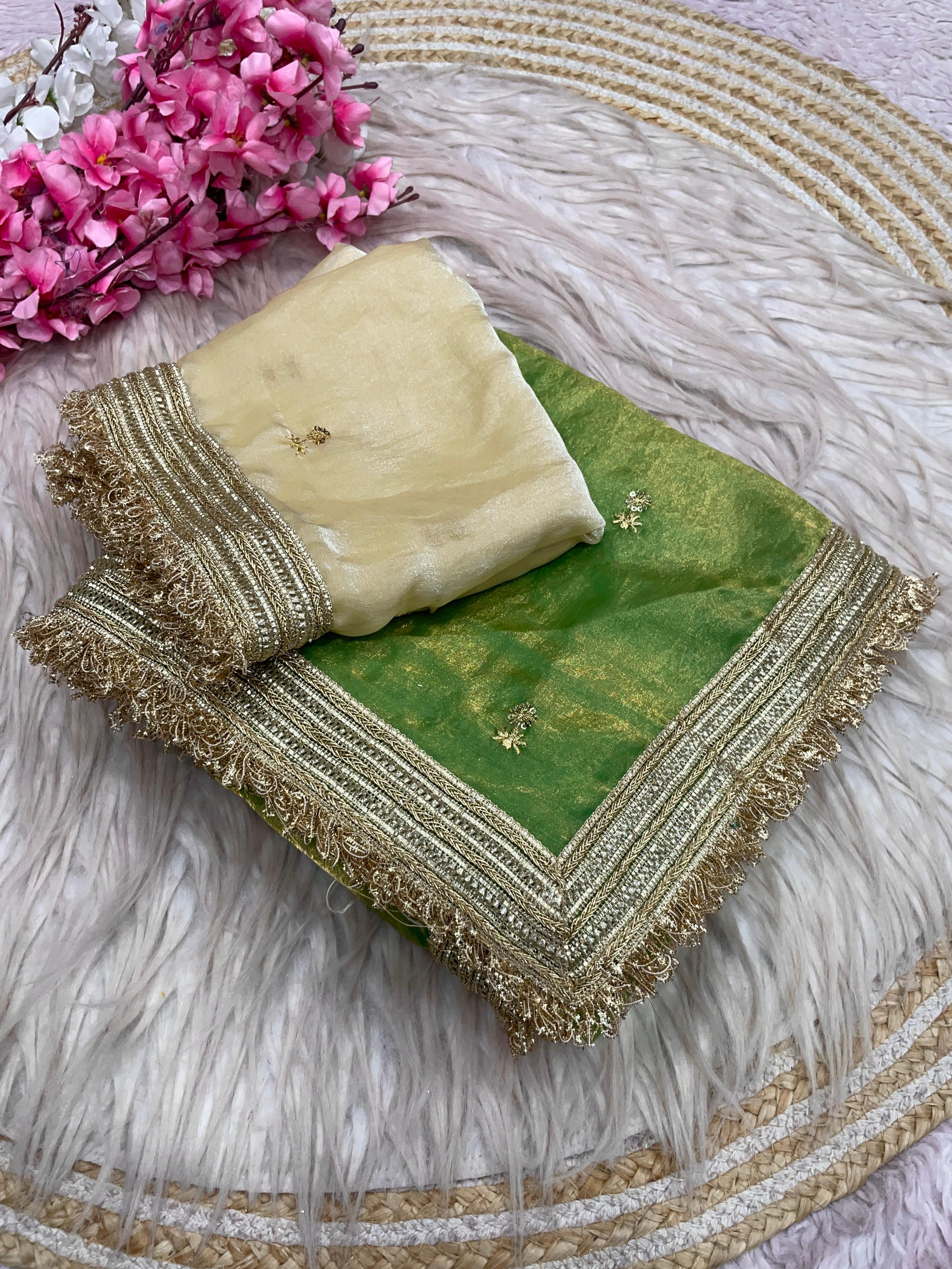 Fandy Satin Saree with Sequin Butti Work and Lace Border