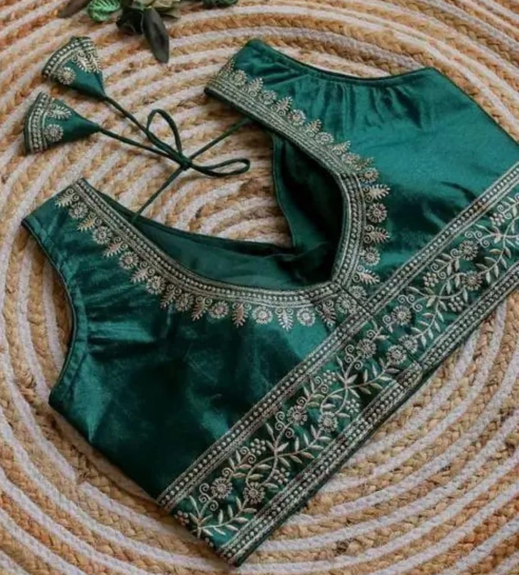 Vichitra Silk Sequin Embroidered Blouse with V-Neck & Tussels