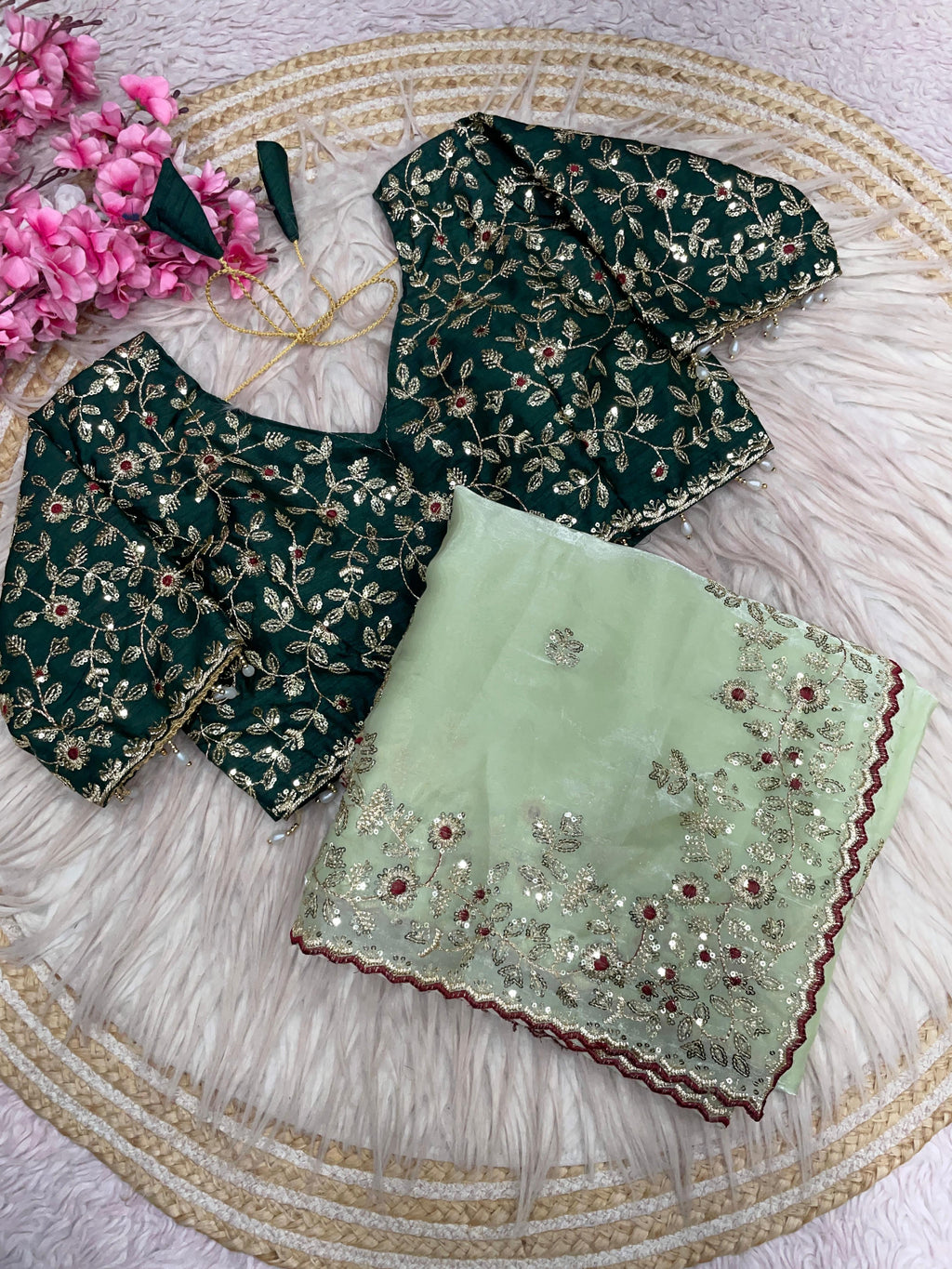 Fendy Satin Embroidered Saree With Stitched Blouse