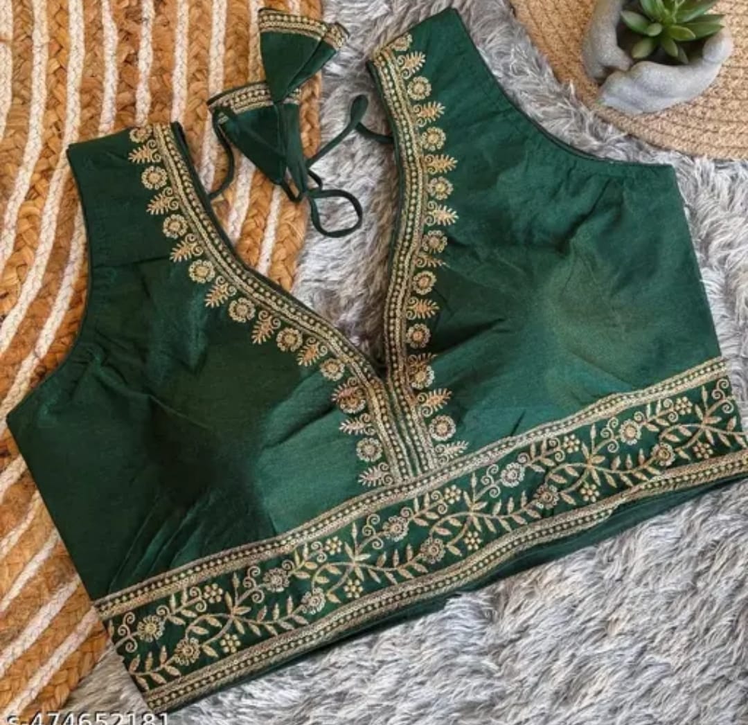 Vichitra Silk Sequin Embroidered Blouse with V-Neck & Tussels