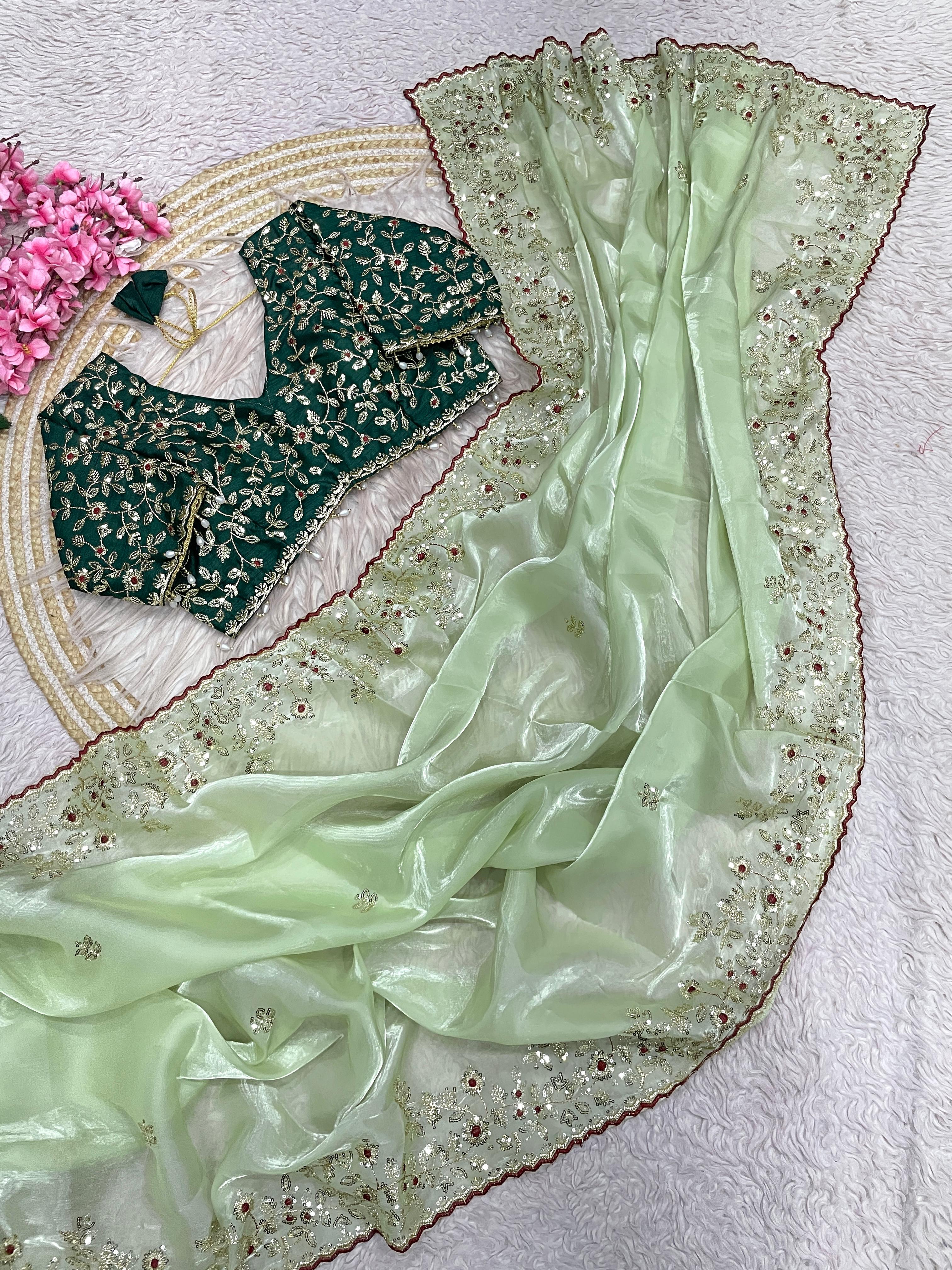Fendy Satin Embroidered Saree With Stitched Blouse