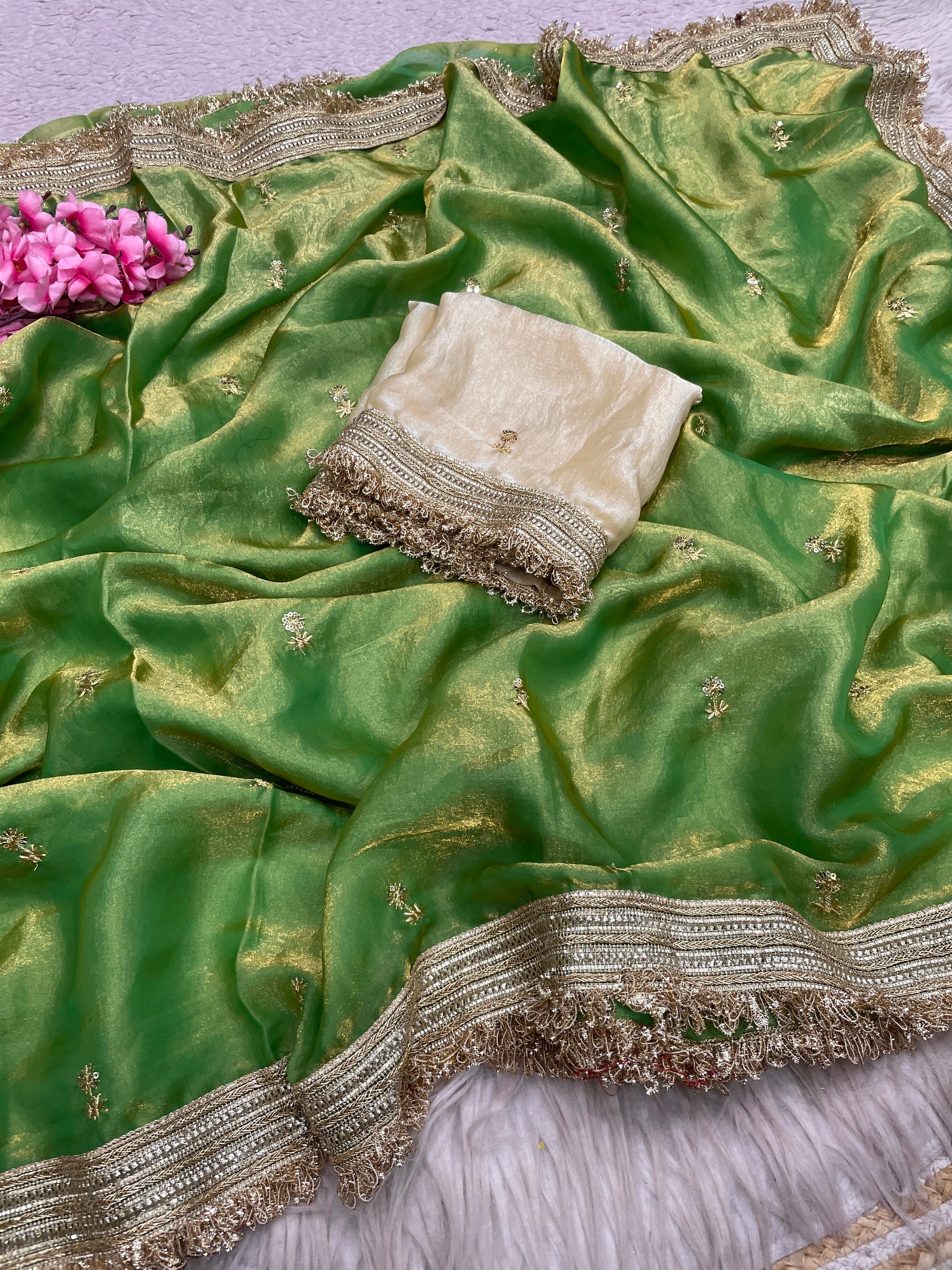 Fandy Satin Saree with Sequin Butti Work and Lace Border