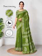 Ready to wear mulmul cotton printed saree – green