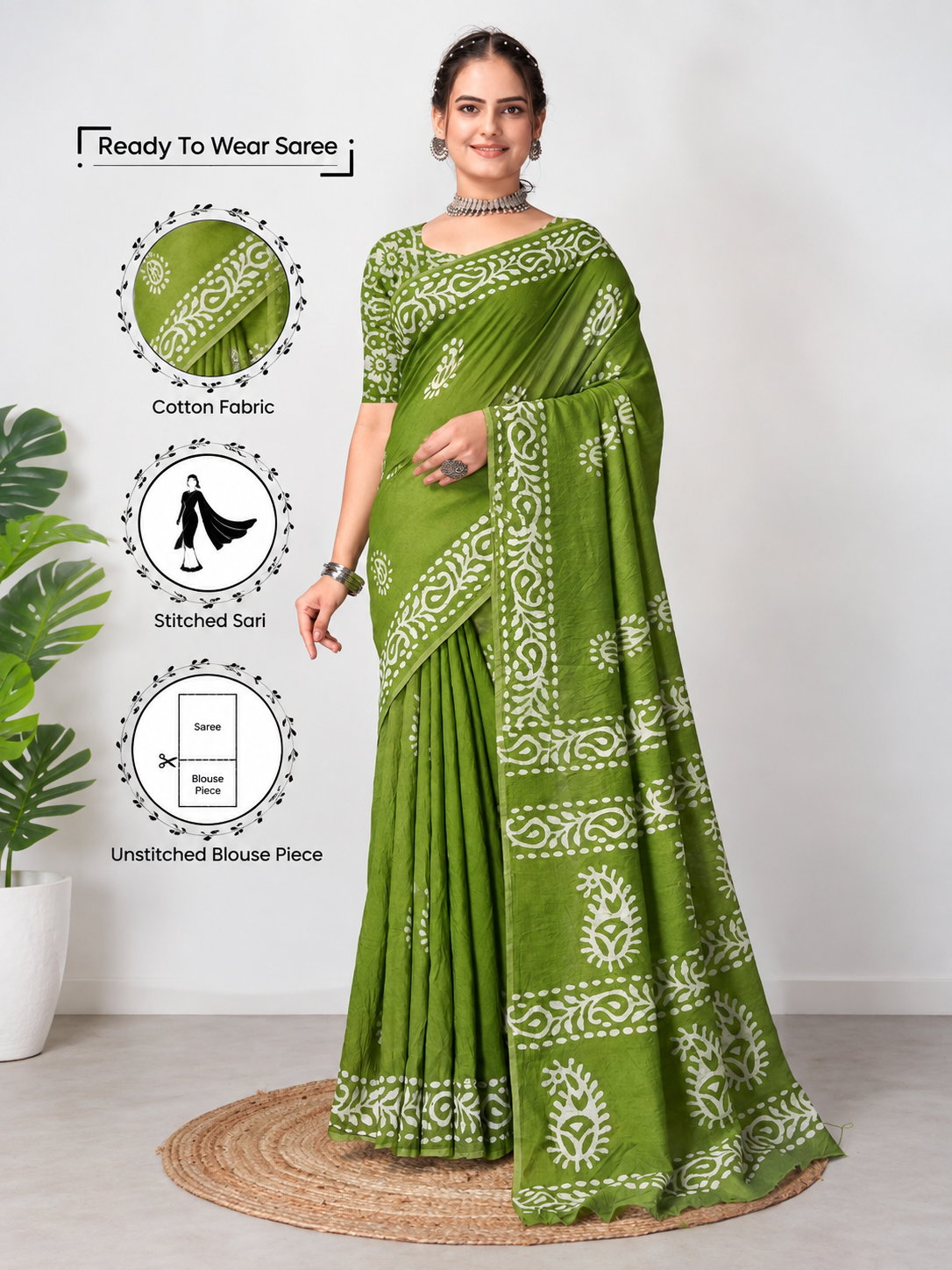 Ready to wear mulmul cotton printed saree – green