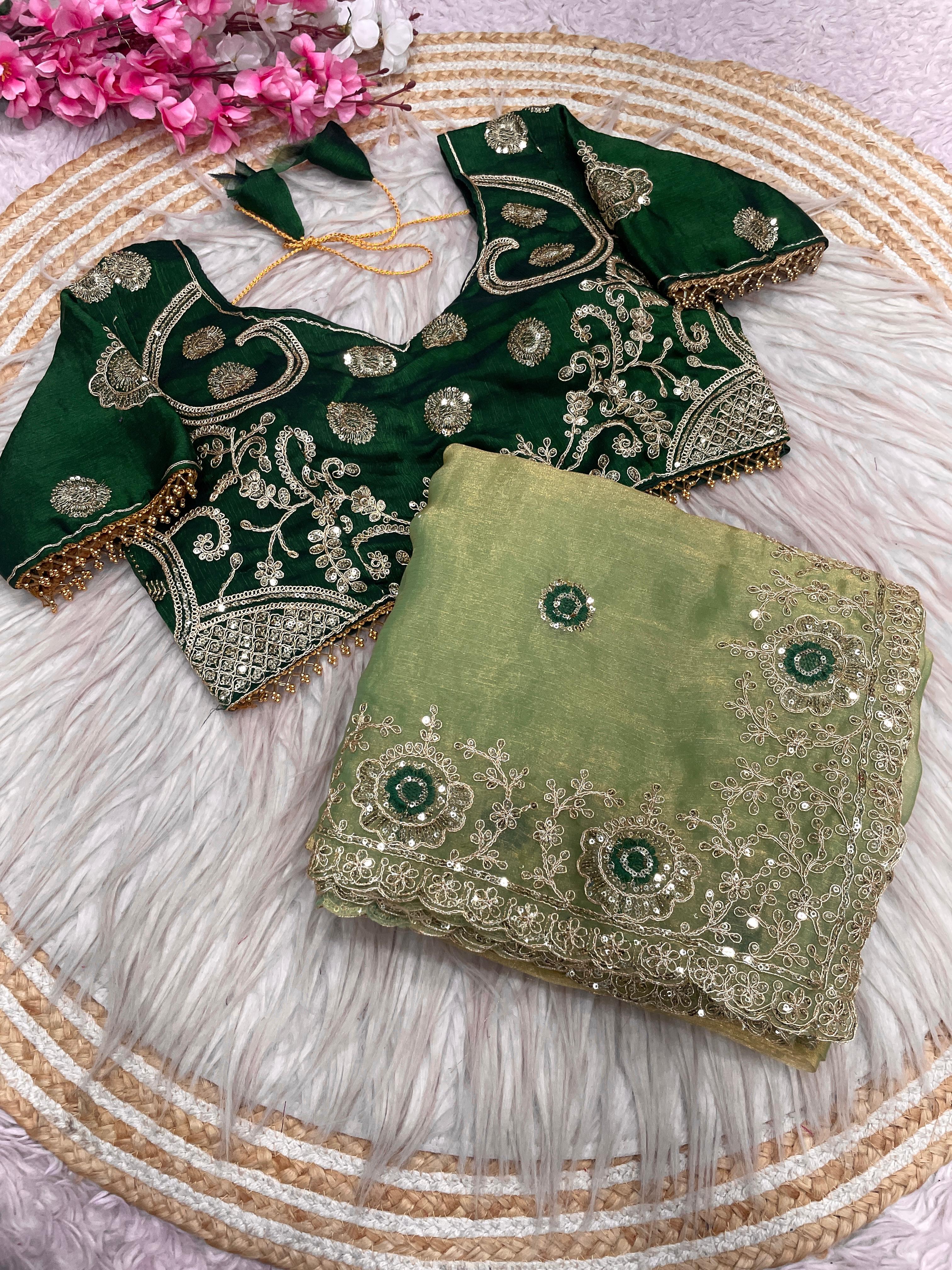 Fendy Chiffon Embroidered Saree with Sequins Work and Stitched Blouse
