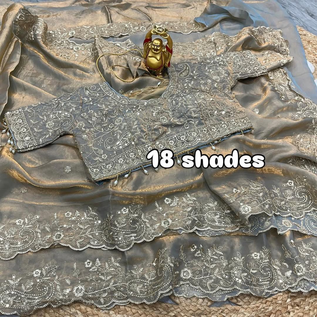 Fendy Satin Embroidered Saree With Stitched Blouse